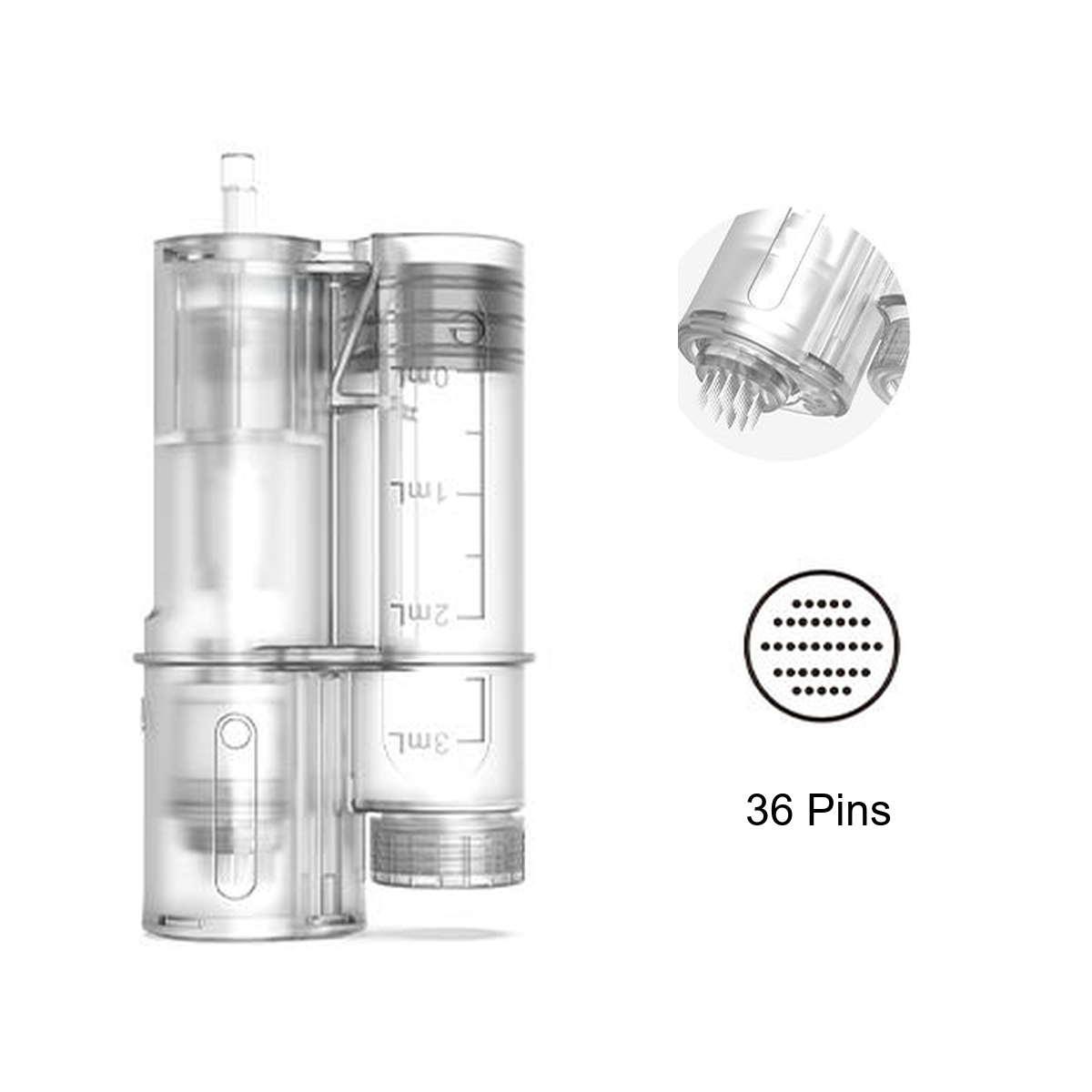 Hydra Pen H6 36-pin replacement cartridge with graduated reservoir and needle-tip close-up