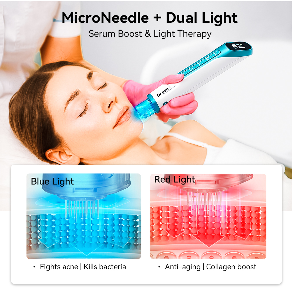 Yüz uygulaması gösterimiyle Hydra Pen H6 kırmızı ve mavi LED seçenekleri