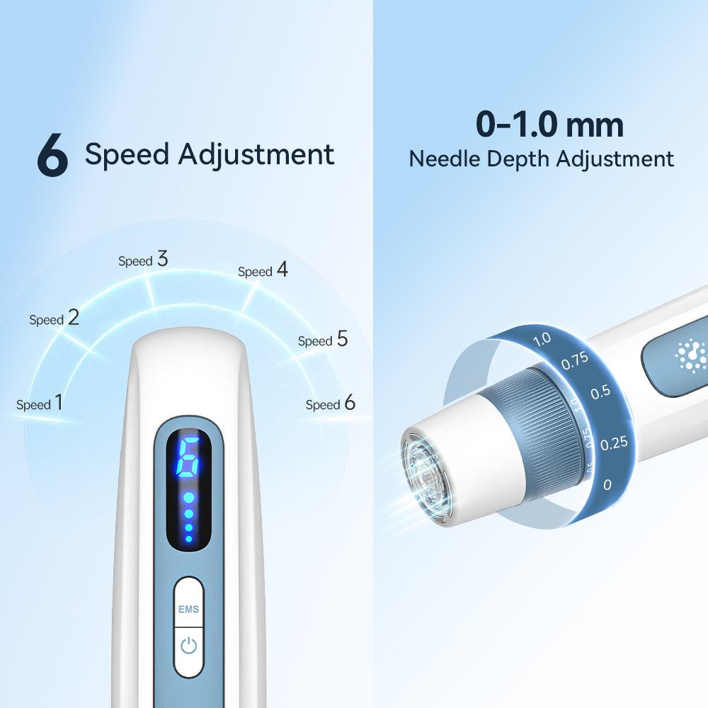 Hydra Pen H5’in altı hız ekranı ve 0–1,0 mm işaretli manuel derinlik halkası