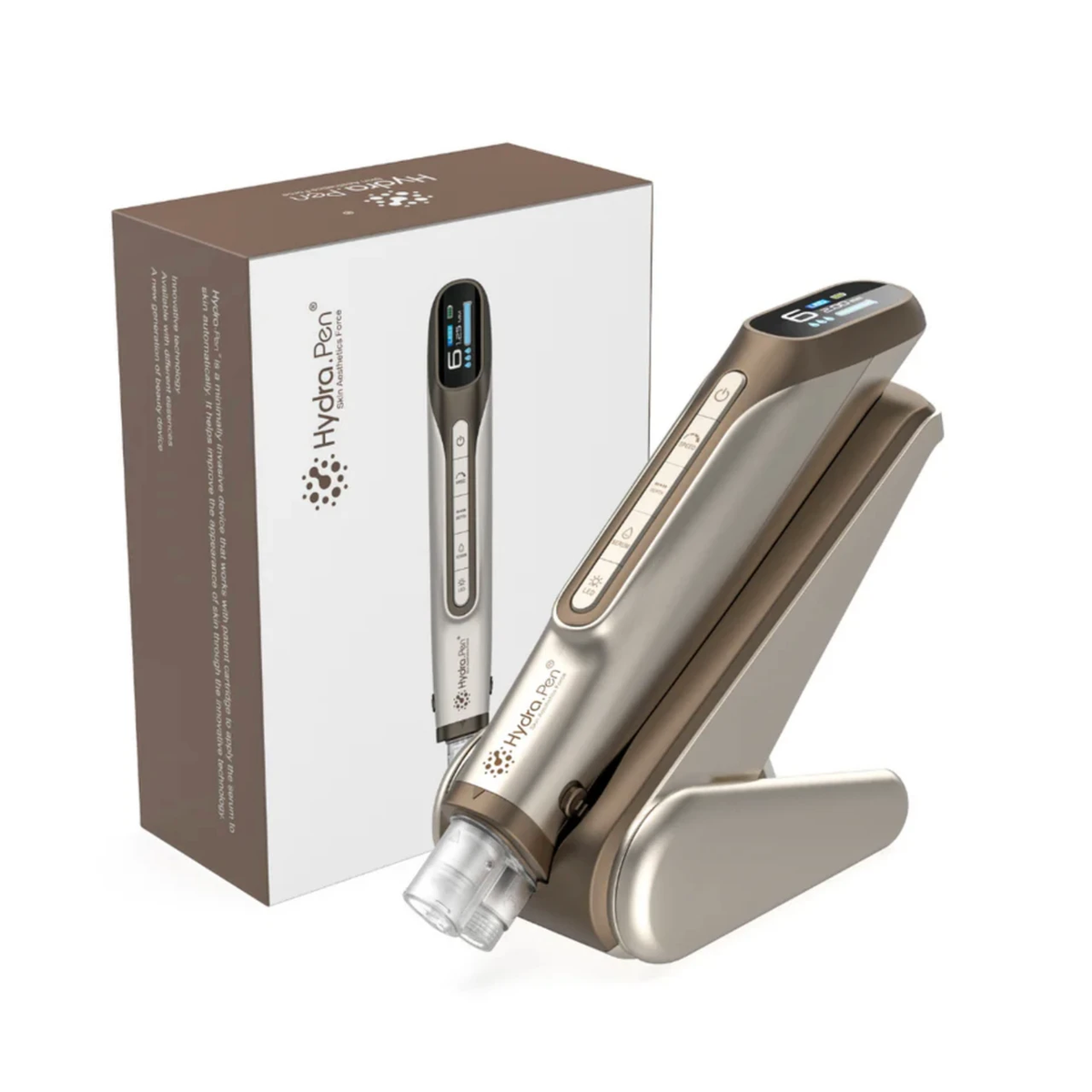 Champagne Gold Hydra Pen H6 on its stand beside the matching product box
