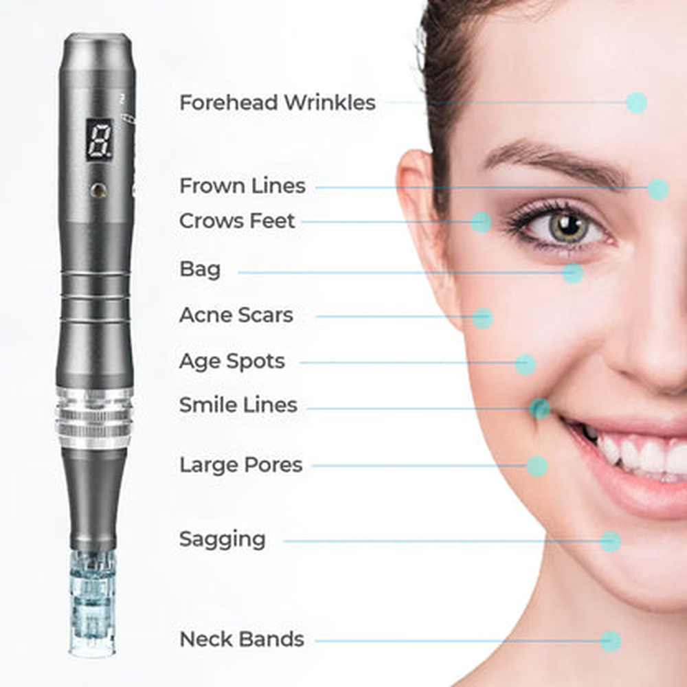 Dr. Pen M8 beside a facial diagram illustrating the supplier's skincare positioning